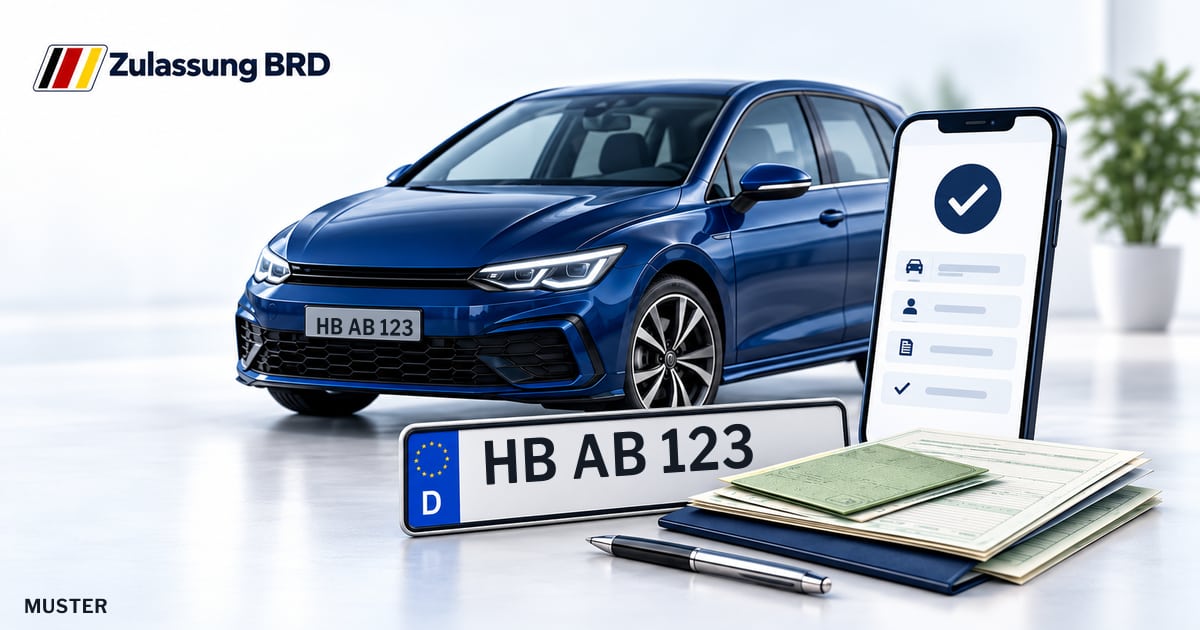 Online Fahrzeugzulassung in Bremen: Musterkennzeichen HB AB 123, Auto und Fahrzeugpapiere und Smartphone. Illustration mit Logo von Zulassung BRD.